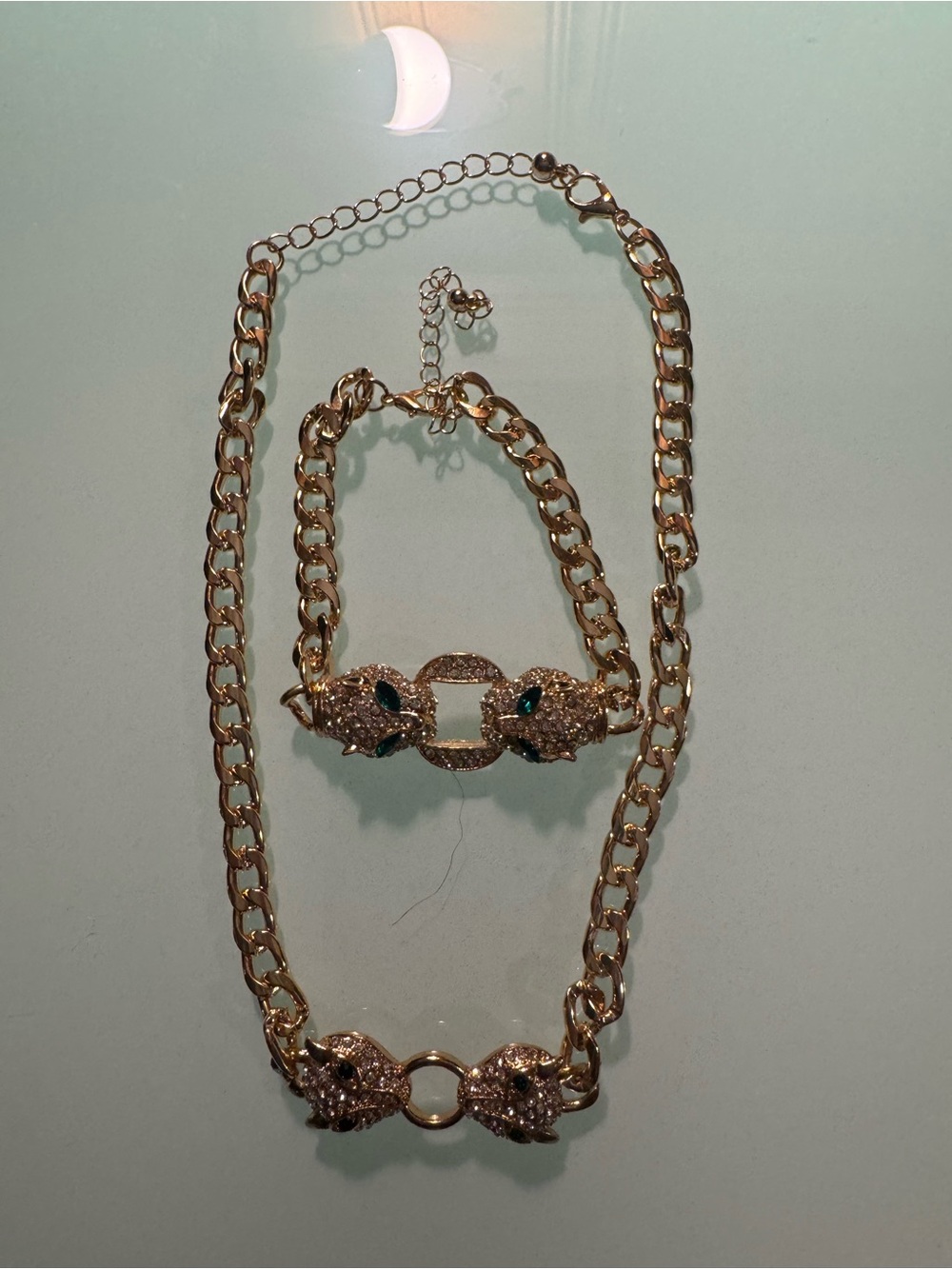 Gold Tone Chain Necklace and Bracelet Set with Pave Green Eyed Panther Heads